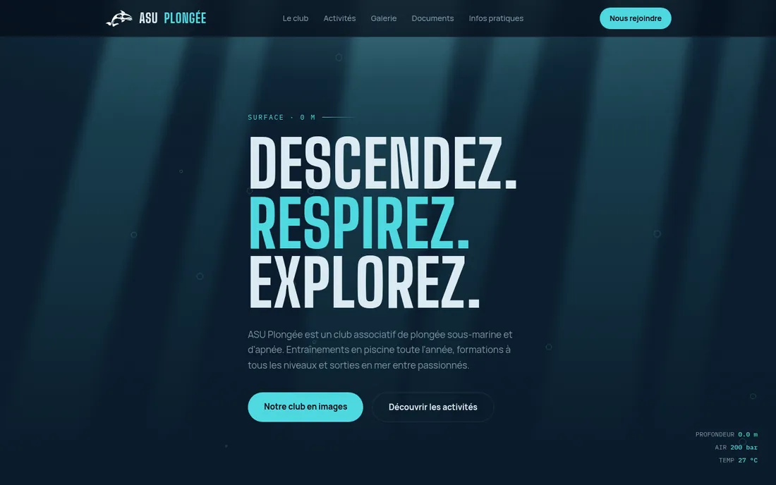 Page d'accueil du site ASU Plongée : « Descendez. Respirez. Explorez. » sur fond d'eau bleu nuit